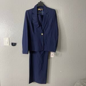Nipon Boutique Asymmetrical Ruffle 1 Button Jacket & Wide Leg Pant Blue 10